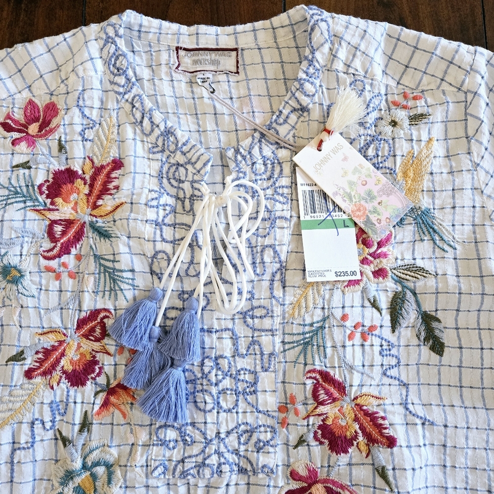 Johnny Was Workshop Miro Tassle Blue White Embroidered Blouse Sz Large MSRP $235 - Picture 8 of 10